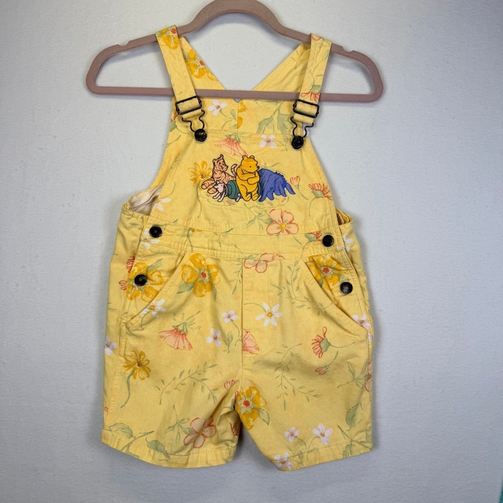 VTG Disney Winnie the Pooh Floral Overalls Yellow Kids 6/6X 90s Nostalgic Retro